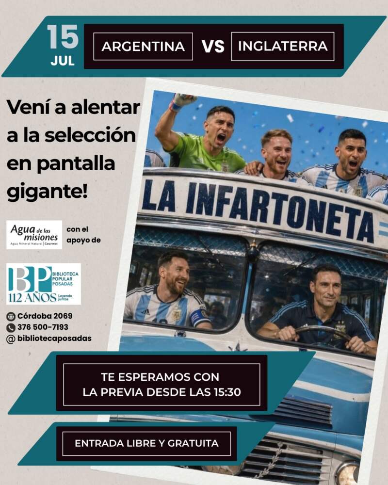 El Mundial se vive en la Biblioteca Popular: instalarán una pantalla gigante para alentar a la Selección en Posadas 3 El Mundial se vive en la Biblioteca Popular: instalarán una pantalla gigante para alentar a la Selección en Posadas imagen-2