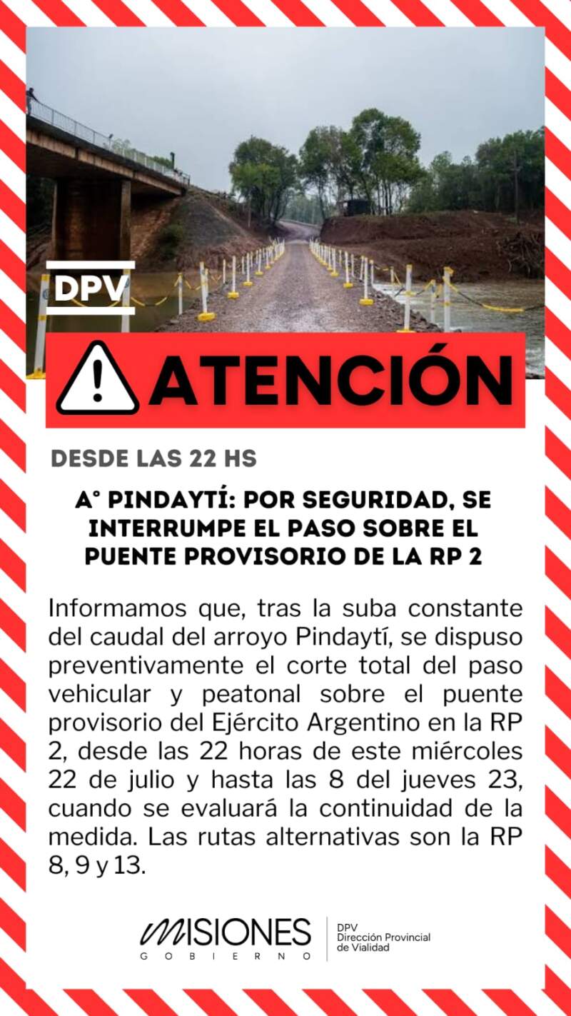 Arroyo Pindaytí: Por seguridad, se interrumpe el paso sobre el puente provisorio de la RP2 imagen-2