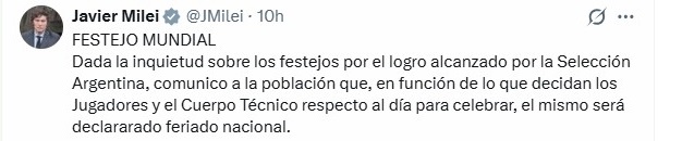 Milei anunció un feriado nacional para recibir a la Selección argentina tras el subcampeonato del Mundial 2026 2 Milei anunció un feriado nacional para recibir a la Selección argentina tras el subcampeonato del Mundial 2026 imagen-1